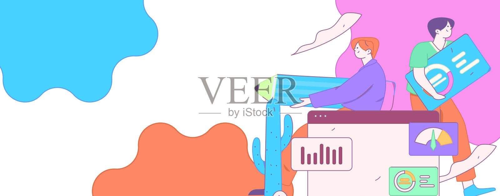 平面矢量插图的业务人员操作的工作场景插画图片素材