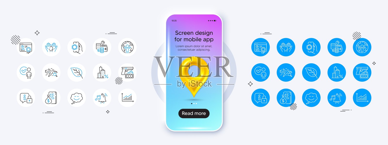 预算会计，树叶和抵押贷款线图标。对于web应用程序，打印。手机模型与3d地图引脚图标。向量插画图片素材