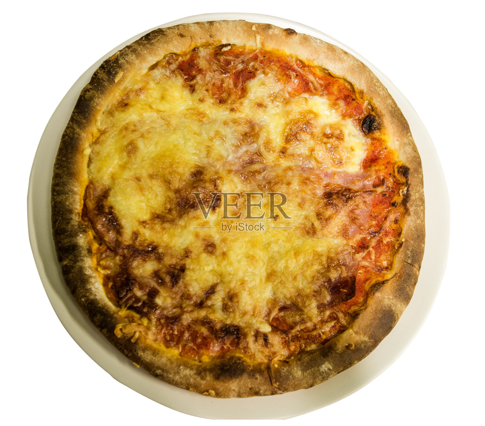 俯视图，盘子里的披萨切了一片照片摄影图片