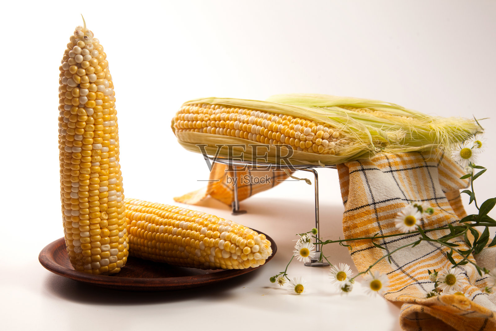 白色木制背景上有两根甜玉米棒子的粘土盘子。照片摄影图片