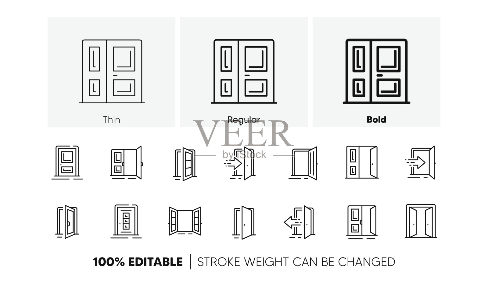 入口线路图标。打开门，大楼入口和紧急出口的轮廓图标。行图标。向量插画图片素材