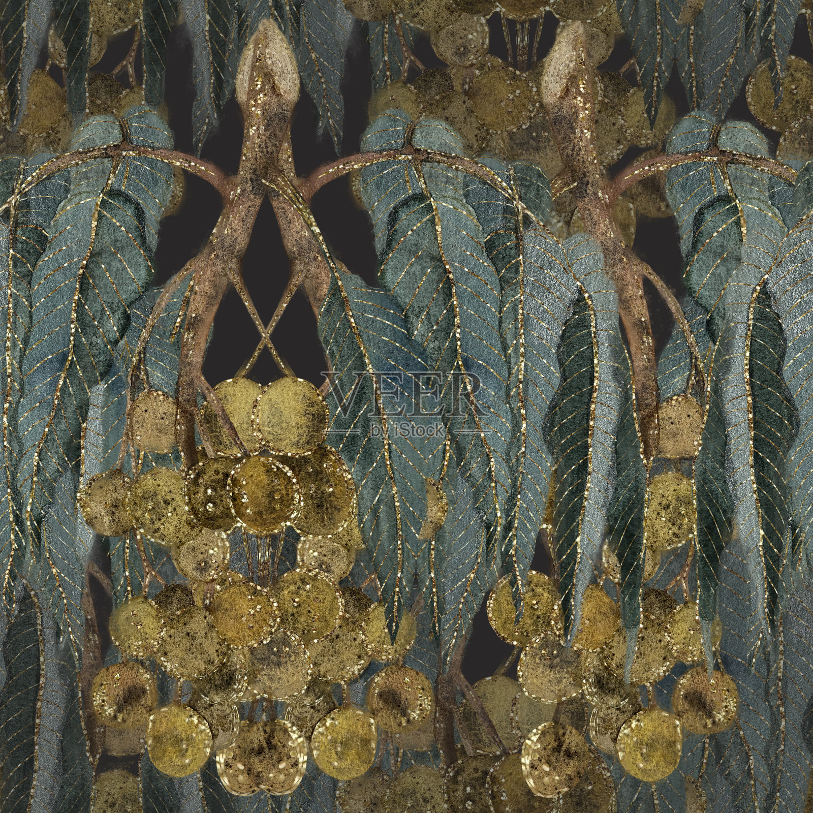 热带桂圆水果，水彩无缝图案与半透明元素在黑色背景插画图片素材