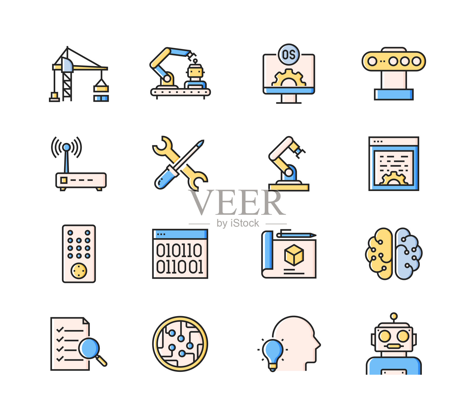 简约机器人线条图标集：机器学习、人工智能、自动化、机器人、未来、计算机插画图片素材