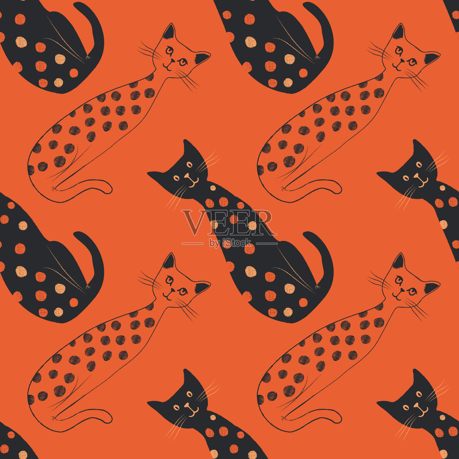 涂鸦风格的素描，涂鸦，艺术绘画，时髦的绘画，矢量背景。无缝图案的深橙色和深海军蓝，波尔卡点小猫。创造性的纹理。适用于织物、纺织品印花插画图片素材
