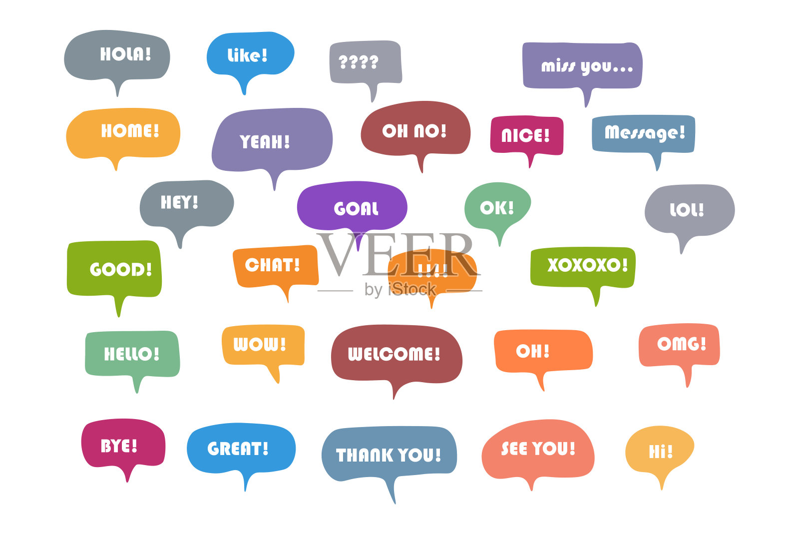 一套彩色语音气泡短短语。卡通矢量插图。隔离在透明的白色背景。手绘风格，对话云插画图片素材