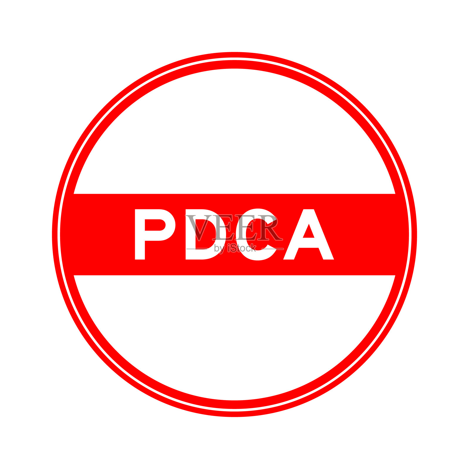 白色背景上的PDCA (plan do check act的缩写)字样红色圆形密封贴纸插画图片素材