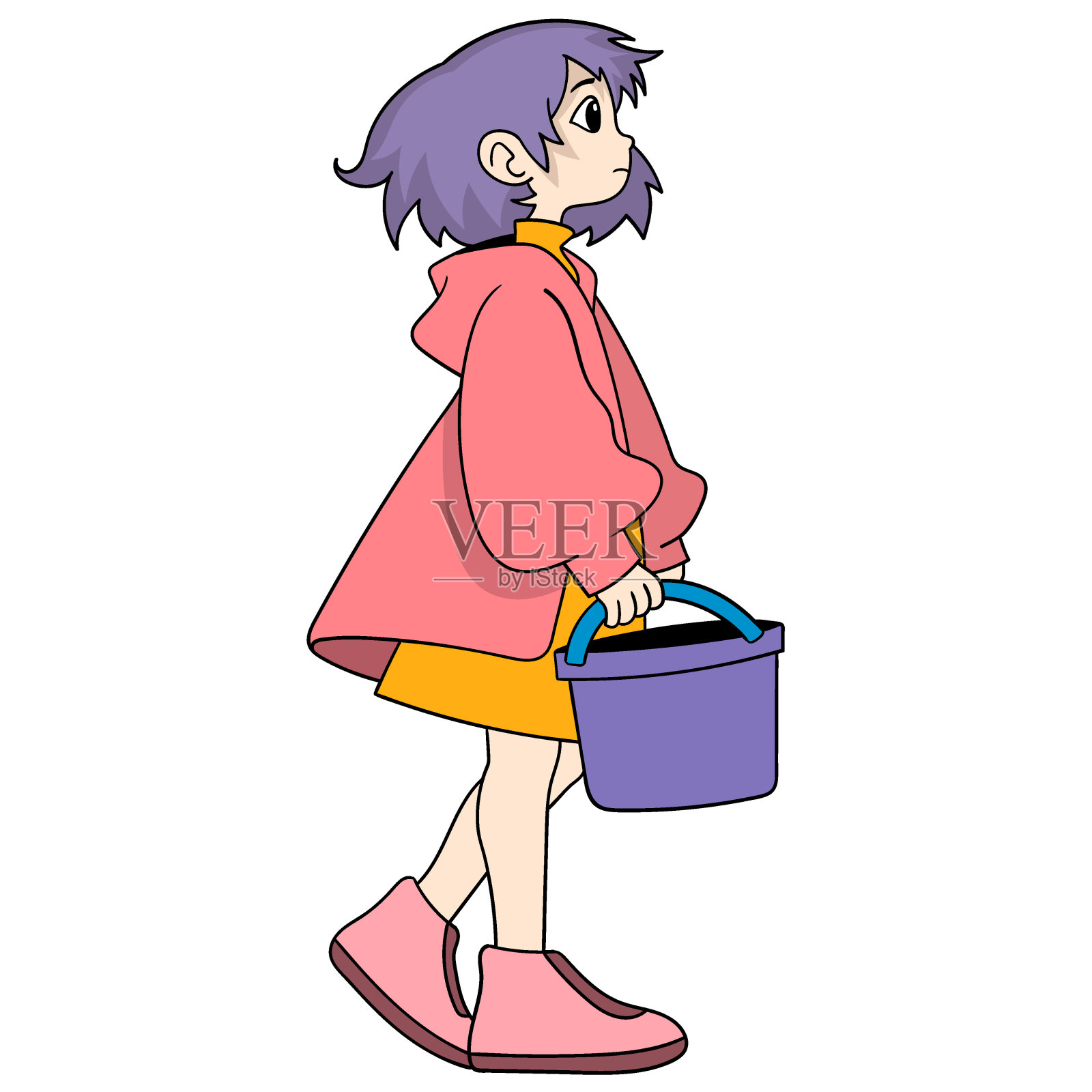 漂亮的女孩提着购物篮走向市场插画图片素材