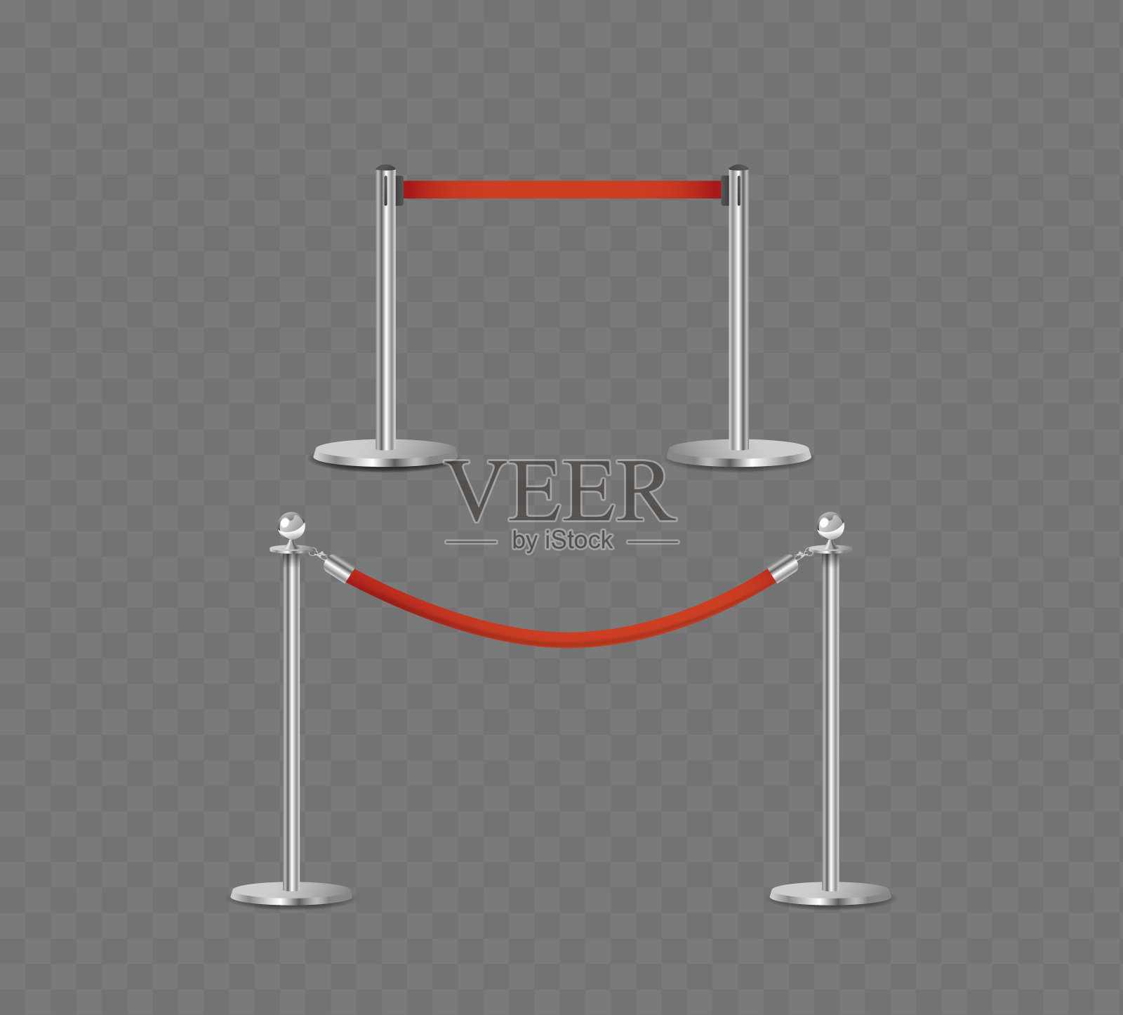 金属支柱由豪华的红色天鹅绒绳索连接在透明的背景上，是排他性的理想选择插画图片素材