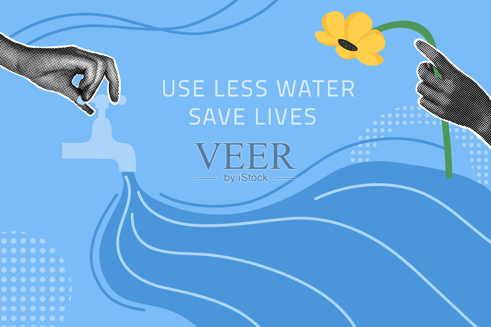 半色调拼贴。环保理念。世界水日。少用水，拯救生命。矢量插图明信片，邀请，网页横幅，社交媒体横幅。插画图片素材