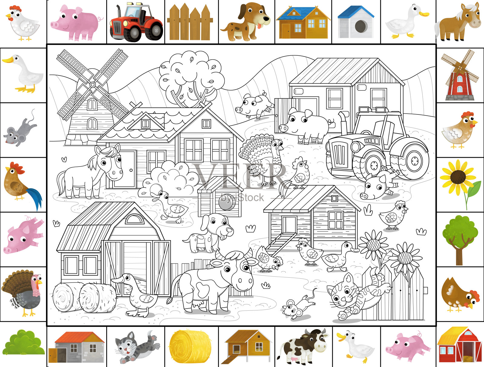 卡通场景有农场，牧场，村庄，建筑，风车，谷仓，鸡笼，动物，牛，马，鸡，狗，猫和拖拉机素描，为儿童绘制插图插画图片素材