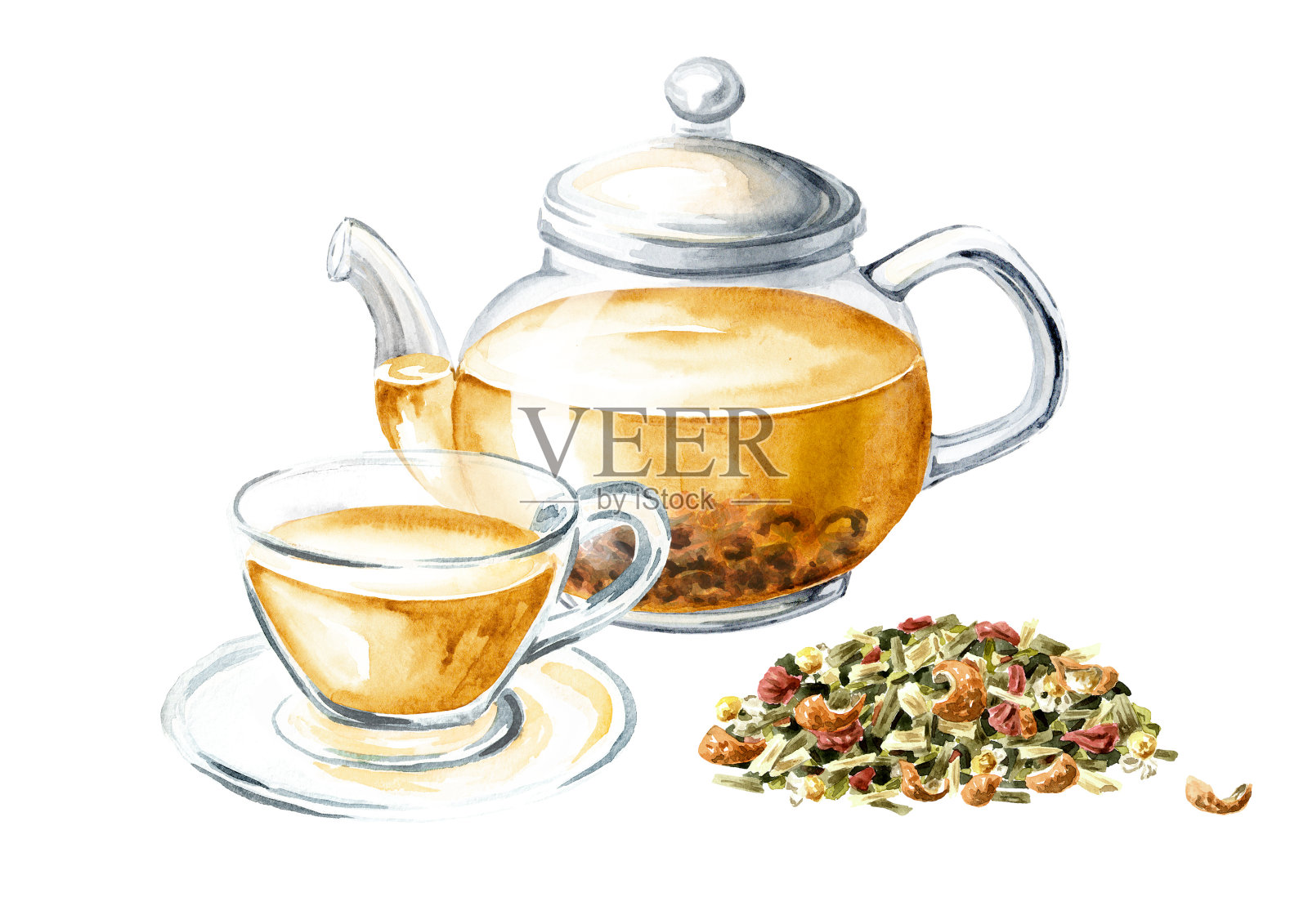 玻璃透明茶壶与草药水果茶。手绘水彩插图孤立的白色背景插画图片素材