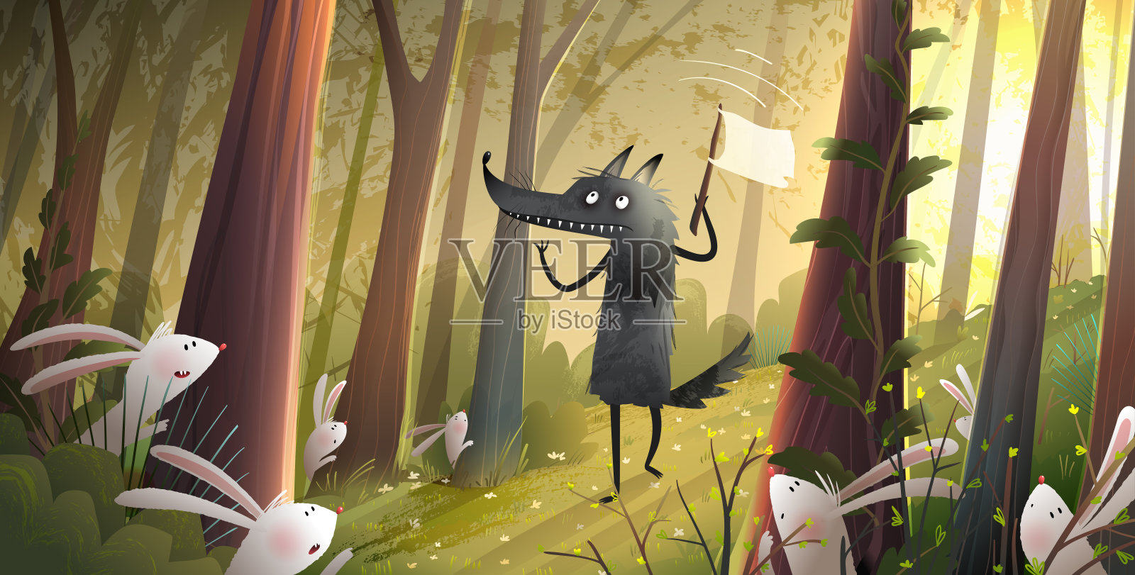 可怕的狼和兔子在森林儿童乐趣卡通插画图片素材