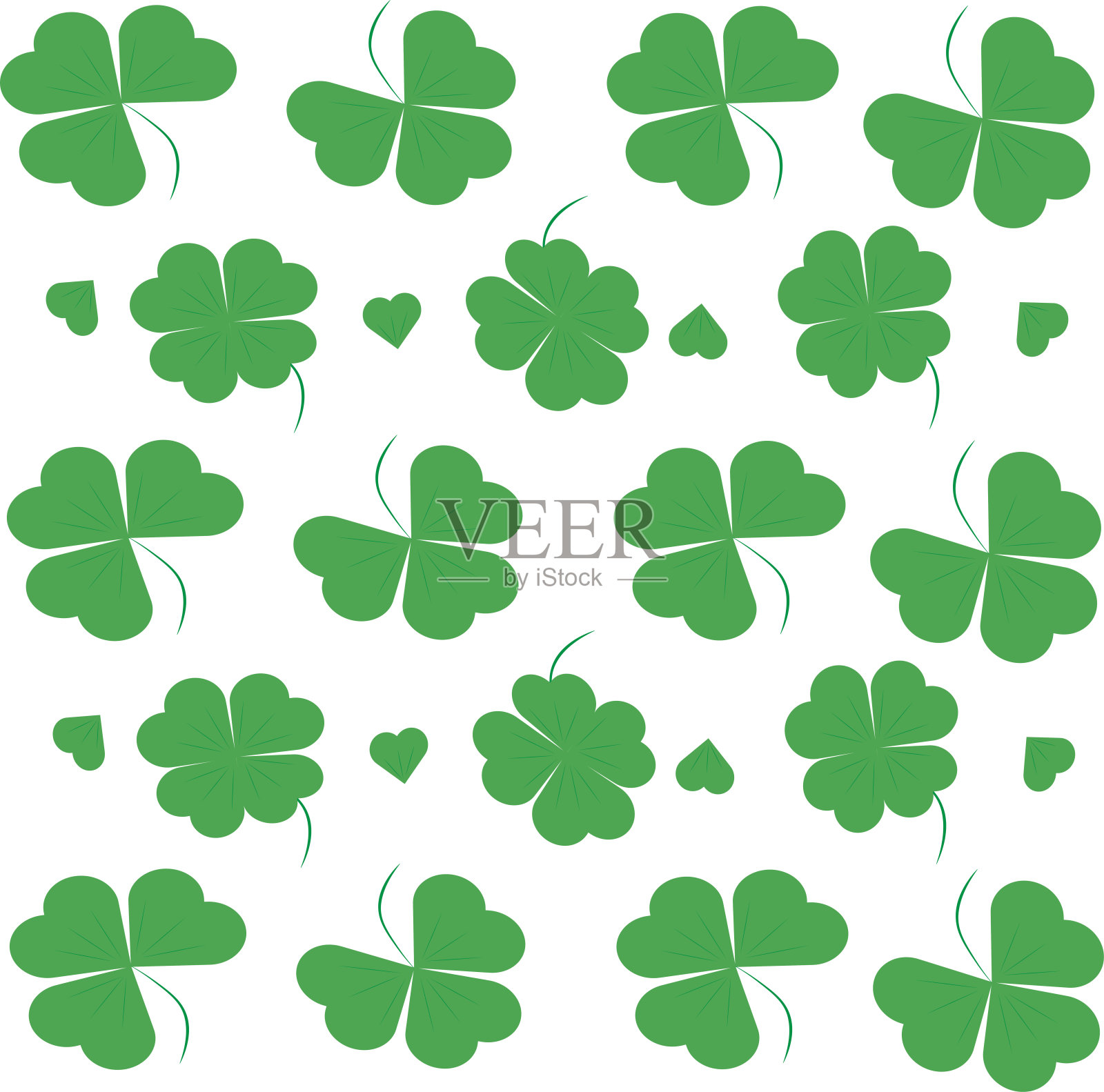 圣帕特里克节的三叶草图案。三片和四片叶子的混乱的三叶草图案。插画图片素材