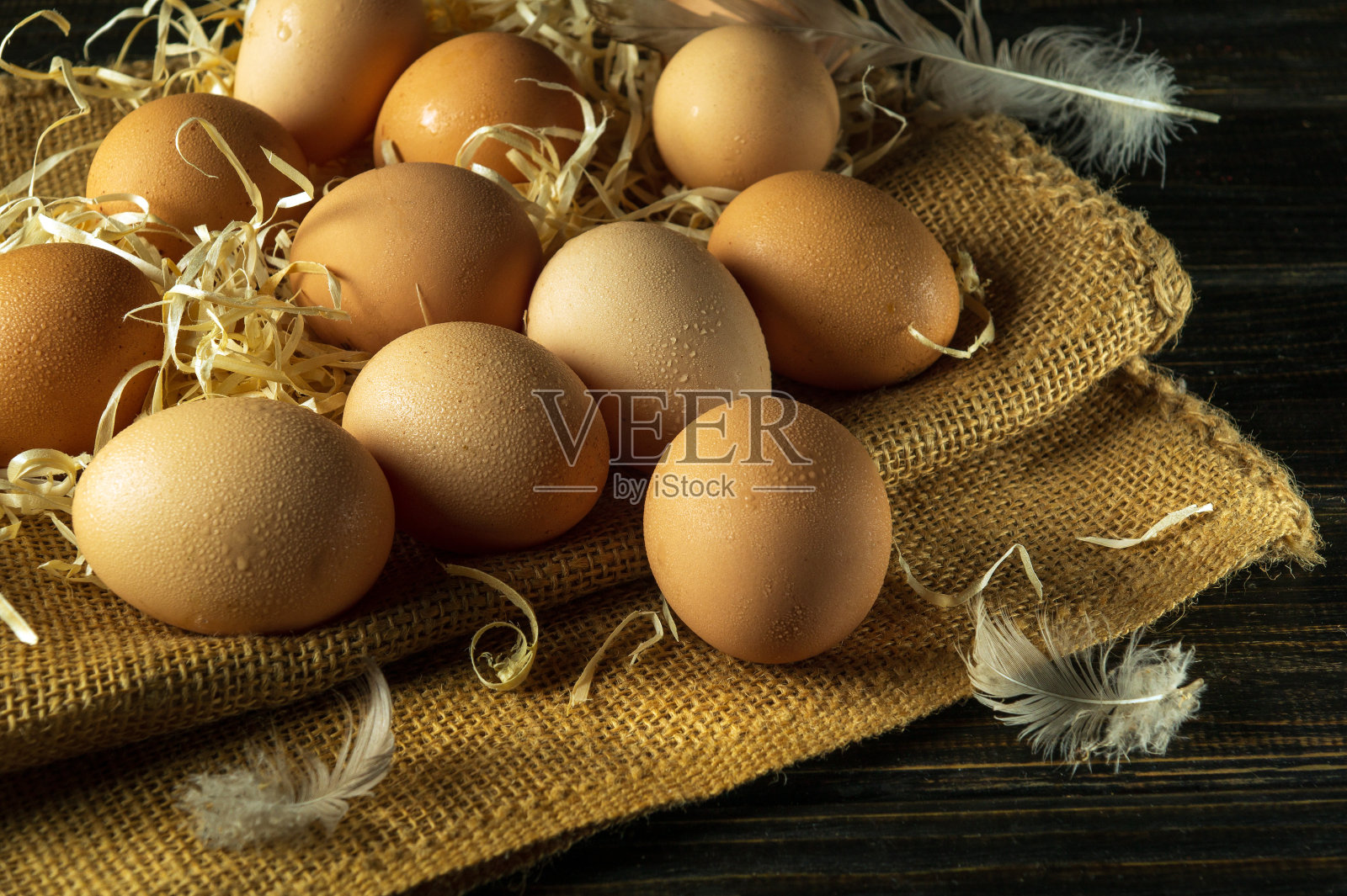 羽毛和粗麻布上的木屑之间有很多蛋。在未来的收获之前为鸡准备鸡蛋。鸡蛋被用来做美味的食物照片摄影图片
