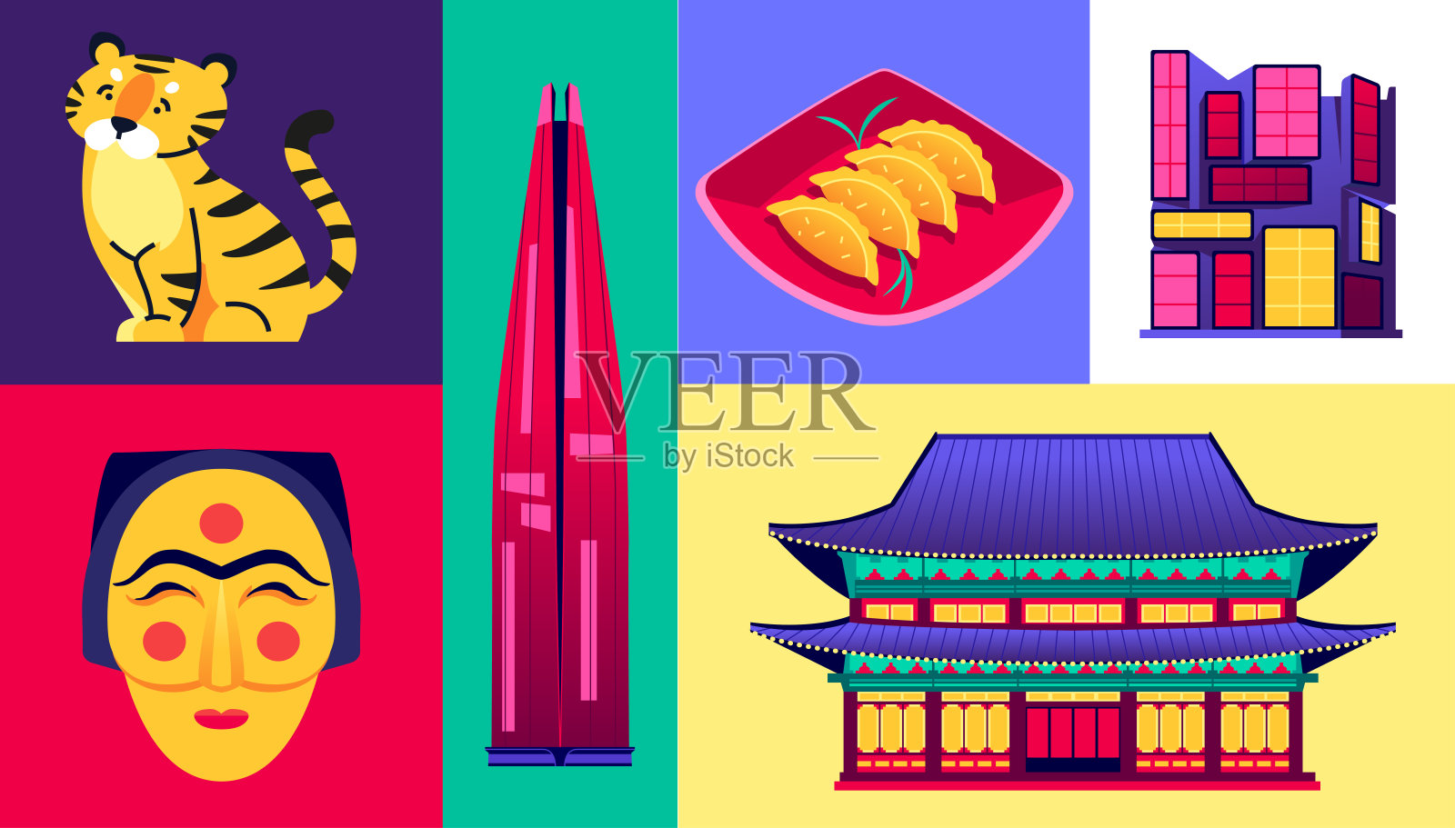 韩国的国家象征-一套平面设计风格的彩色插图插画图片素材