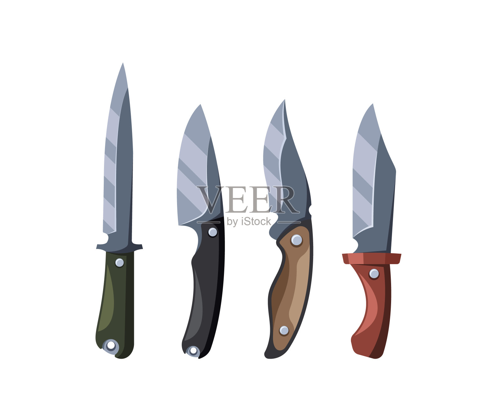 矢量插图显示四个猎刀的集合，每个都有独特的手柄设计和刀片形状插画图片素材