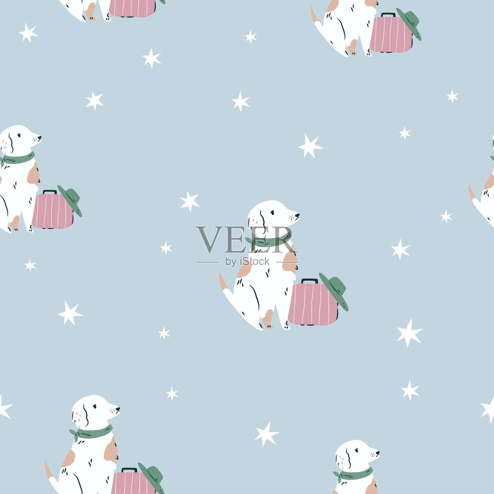 无缝图案与有趣的狗和行李箱在蓝色背景插画图片素材