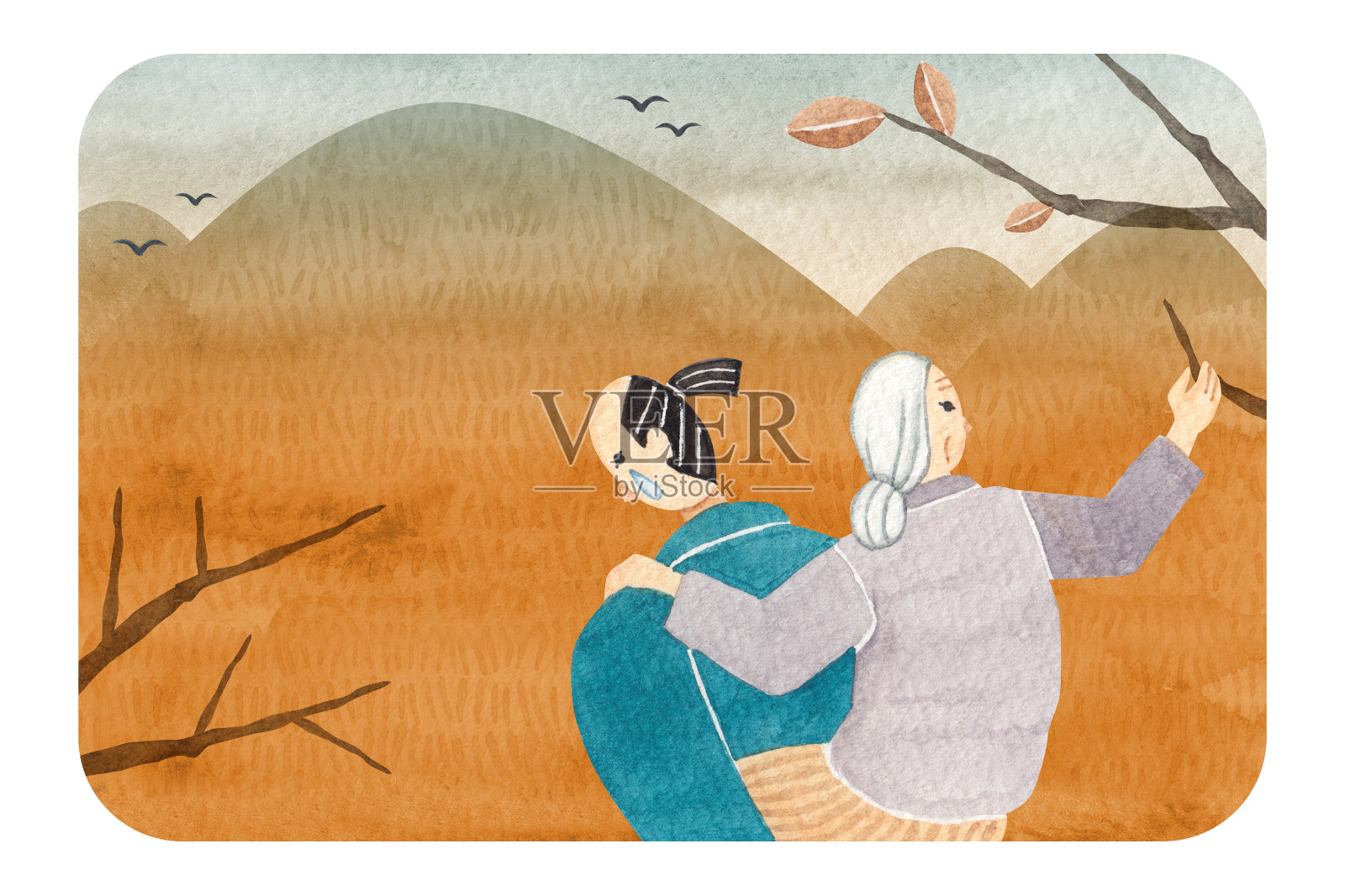 日本民间故事《老人被遗弃的山》水彩画插画图片素材