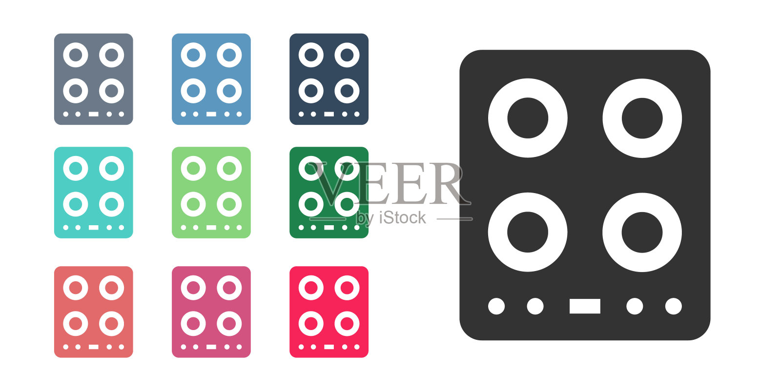 黑色煤气炉图标孤立在白色背景。炉灶面签。带有四个圆形燃烧器的滚刀。设置图标彩色。向量插画图片素材