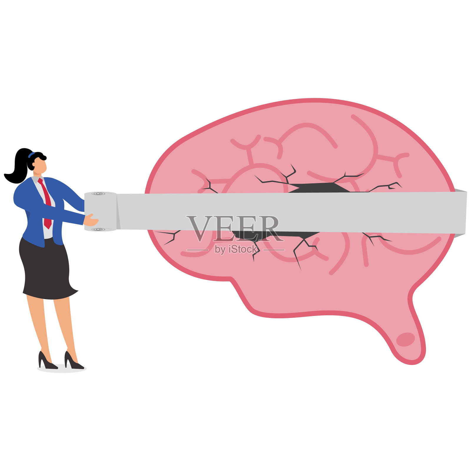 女商人用胶布治疗人类大脑，商人用绷带包扎伤口，治疗或放松心灵插画图片素材