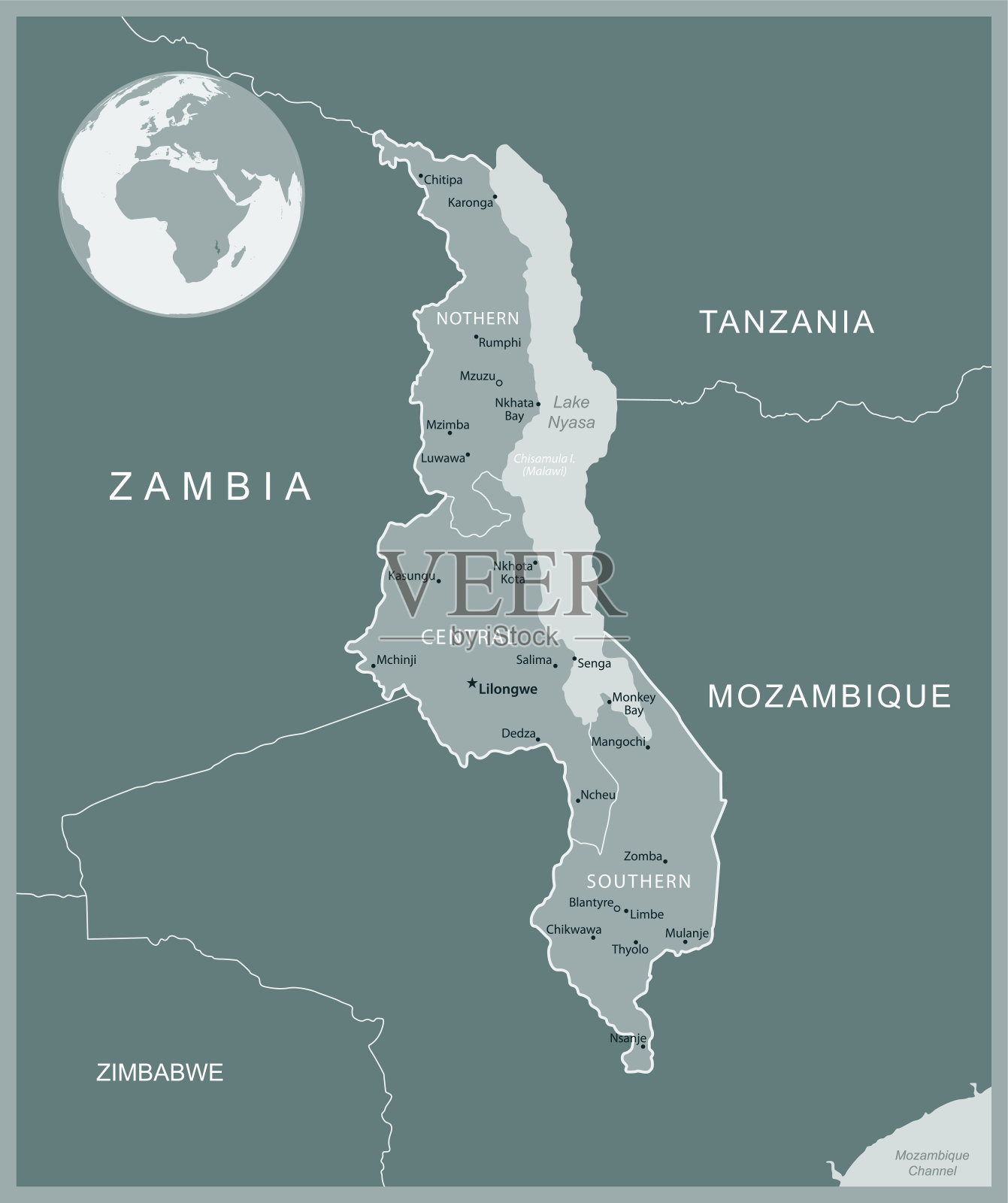 马拉维-详细地图与行政区划国家。矢量图插画图片素材