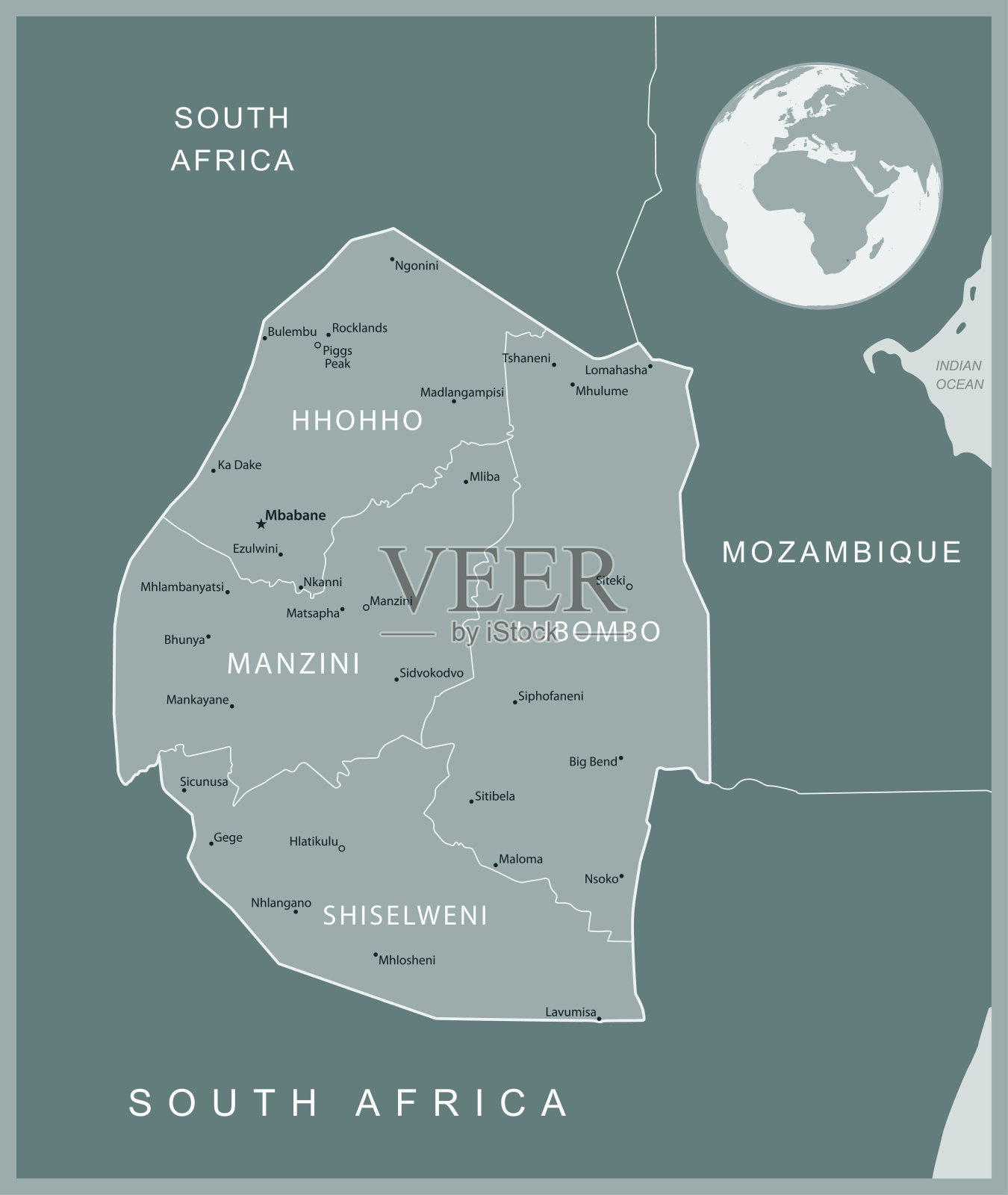 斯威士兰-详细的地图与行政区划国家。矢量图插画图片素材