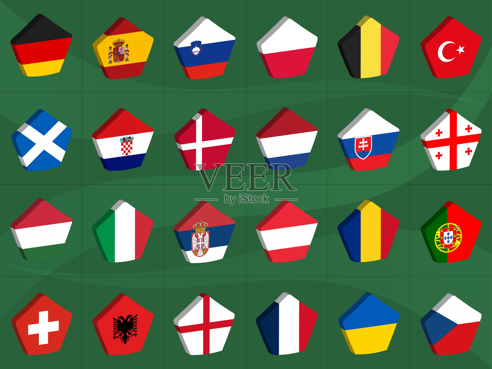 欧洲足球锦标赛参与国旗帜，绿色背景上的三维五角棱镜形式的欧洲旗帜合集，适用于网站、Logo、App、UI的3D图标，EPS10插画图片素材