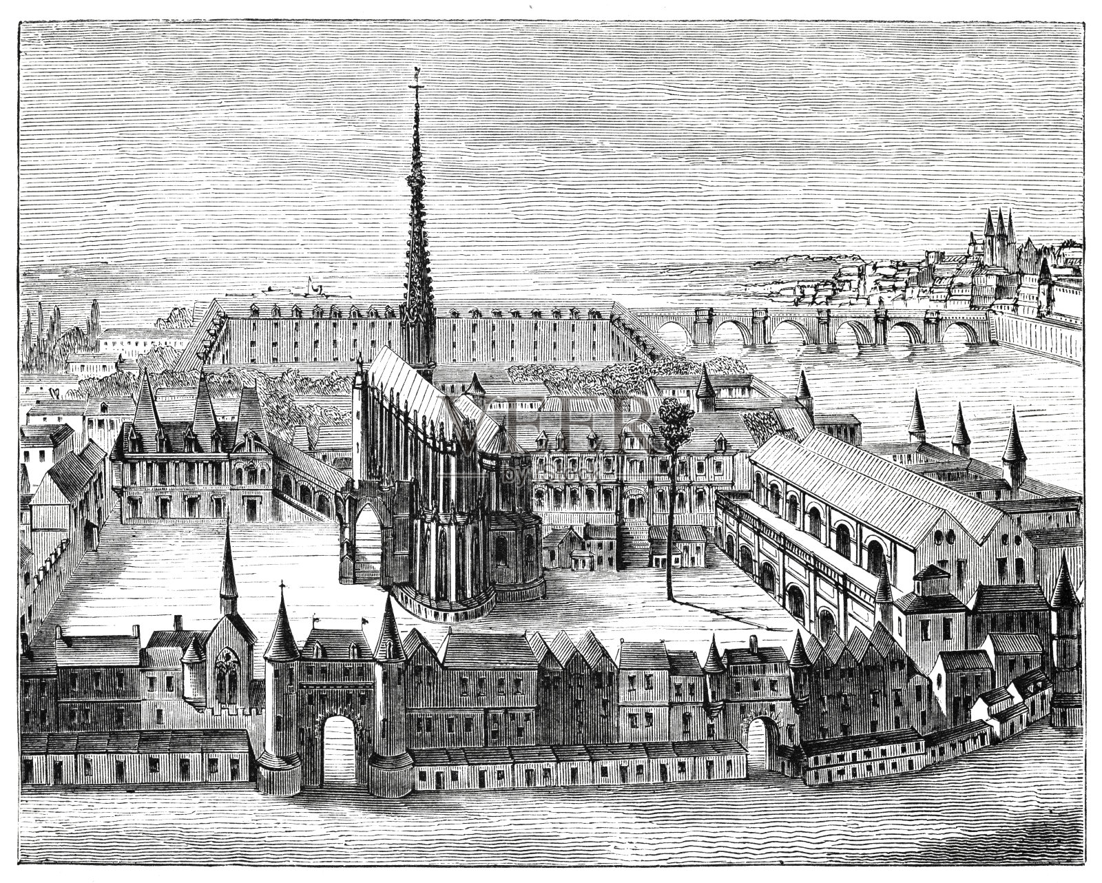 16世纪法国巴黎的宫殿和圣礼拜堂插画图片素材