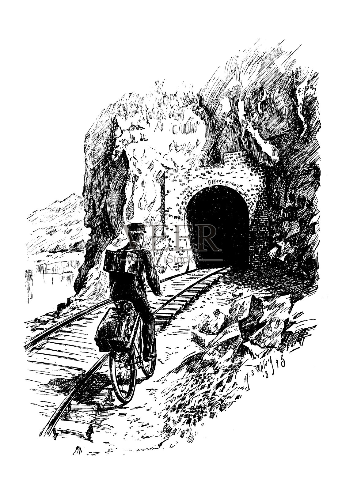 古董形象:骑自行车的人插画图片素材