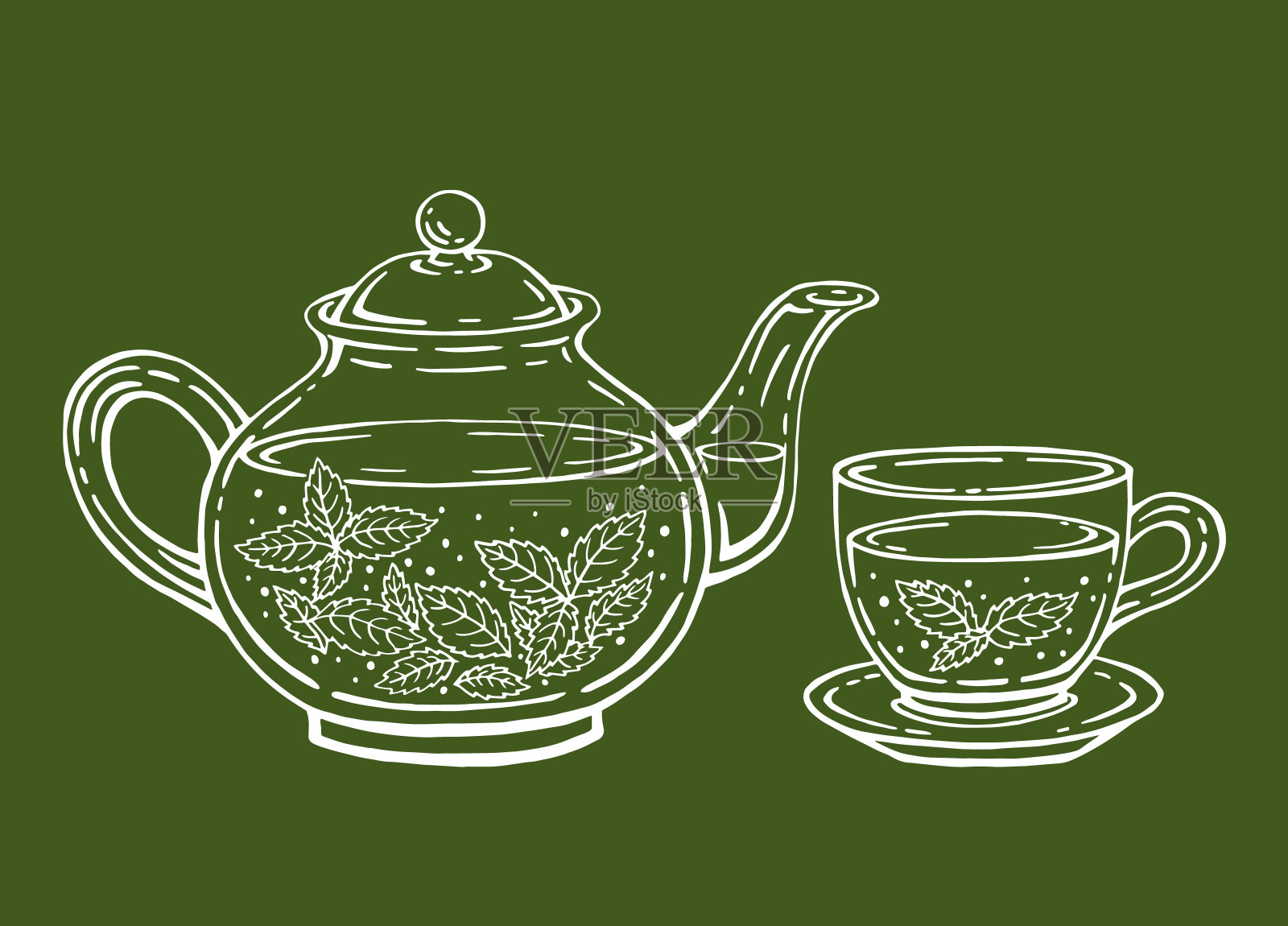茶具配健康绿茶、薄荷叶。茶壶和杯子。手绘矢量插图的轮廓风格。插画图片素材