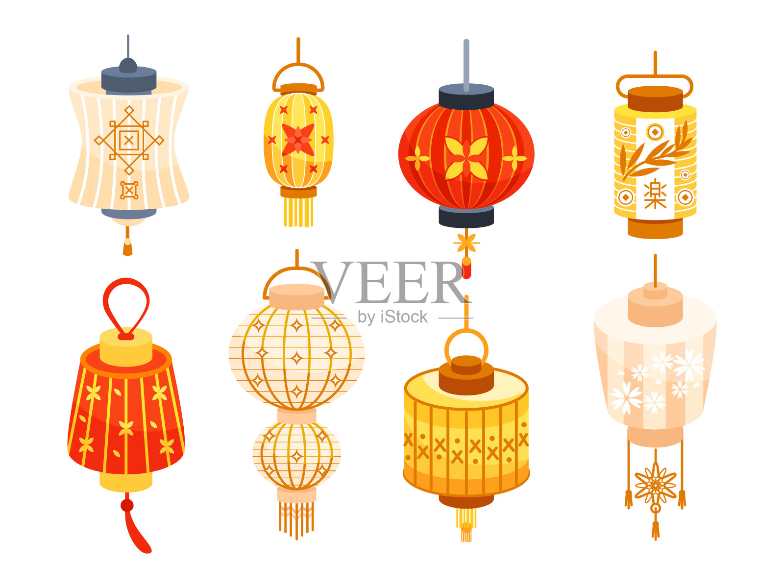 日本或中国的各种灯笼。中国传统的红纸灯笼。唐人街的传统插画图片素材