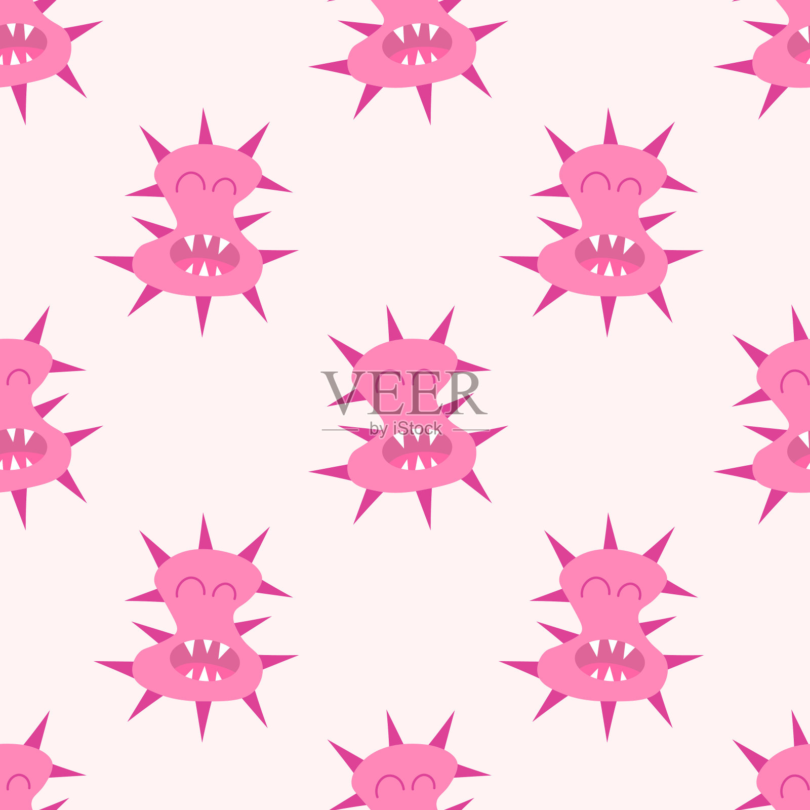 无缝图案与可爱的卡通人物病毒，细菌，微生物。微生物有机体搞笑脸壁纸。表达情感背景的吉祥物。矢量儿童插图在平面设计。插画图片素材