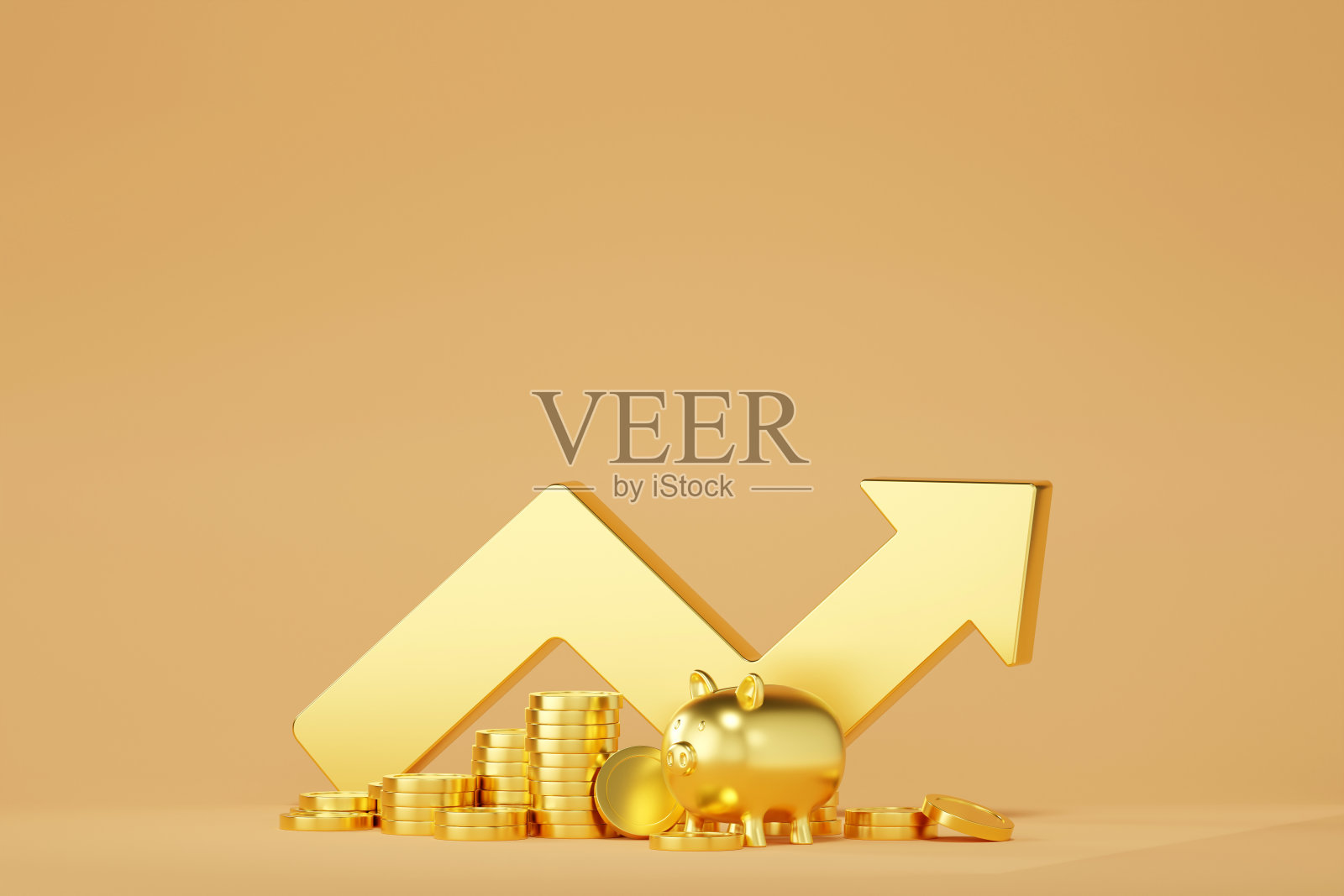 一堆金币和扑满象征着经济富足和投资成功。照片摄影图片