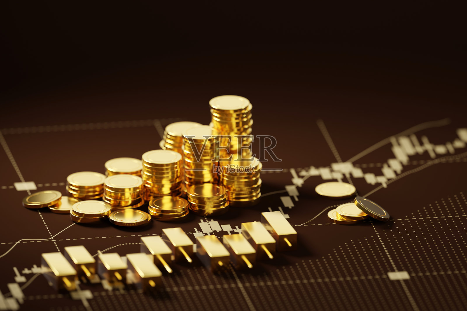 3D渲染的金币和金图，错综复杂地融入场景，象征着财富的丰富和投资的成功。照片摄影图片