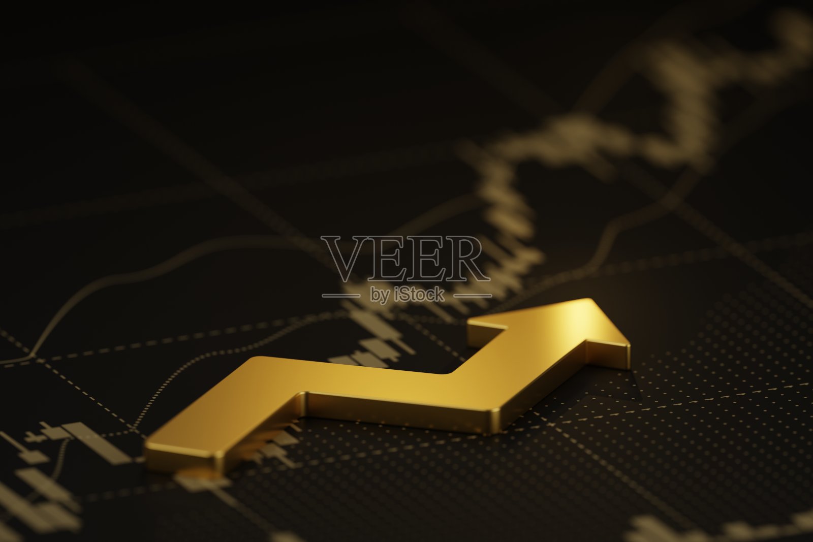 3D渲染，金色箭头向上指向，黑色背景上的图表，复杂地融入场景，意味着财务丰富和成功的投资。照片摄影图片