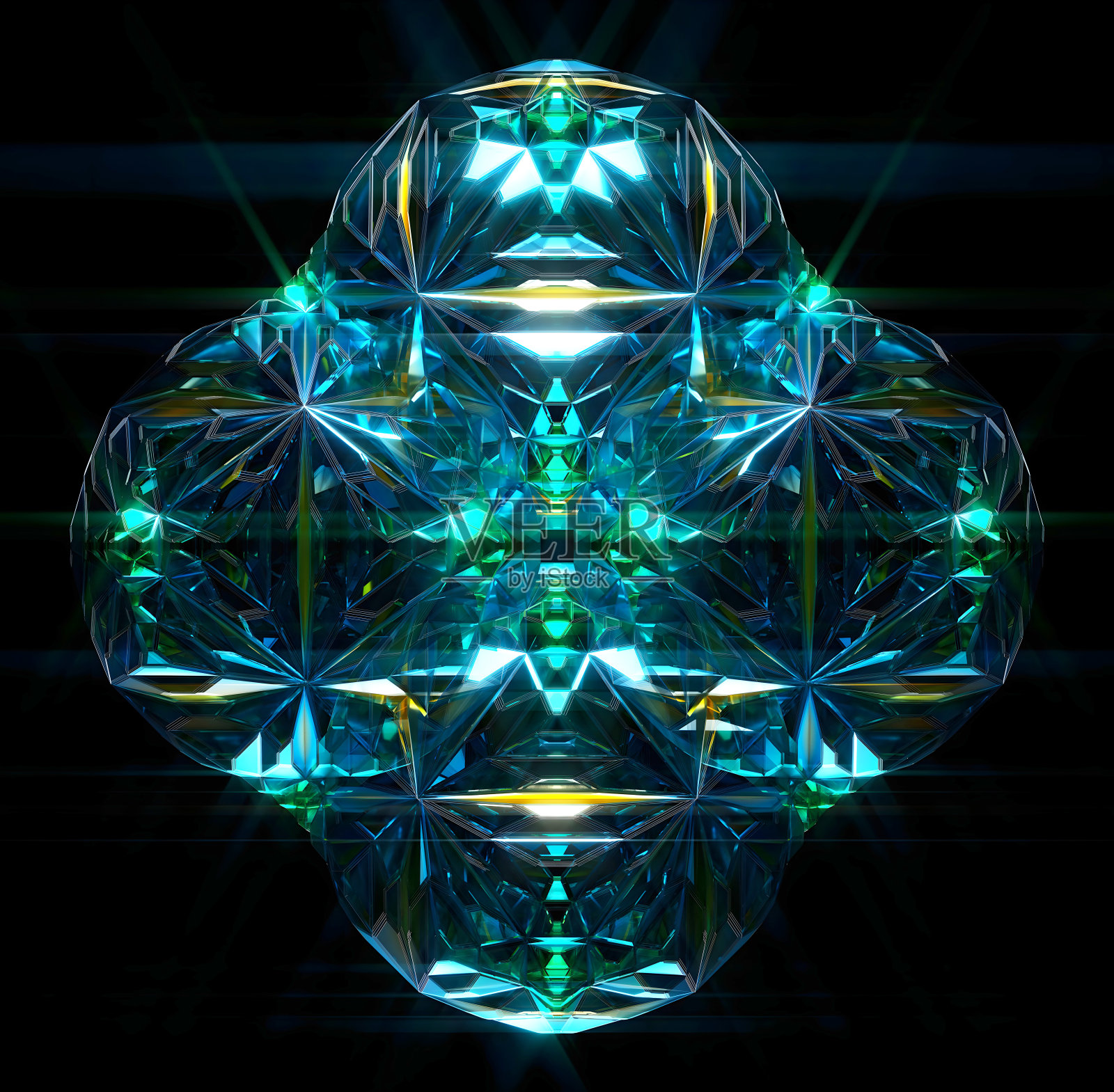 3d渲染抽象艺术与超现实异形分形钻石晶体对称宝石矿物基于三角形形式的玻璃部分在祖母绿，紫色和蓝色的黑色照片摄影图片