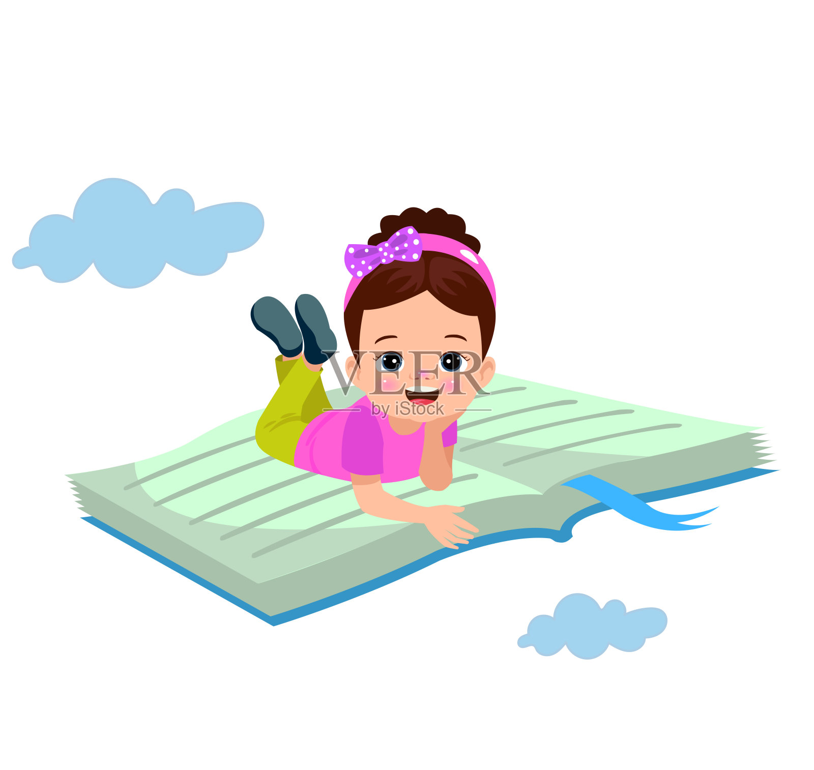 小孩子骑着书飞插画图片素材