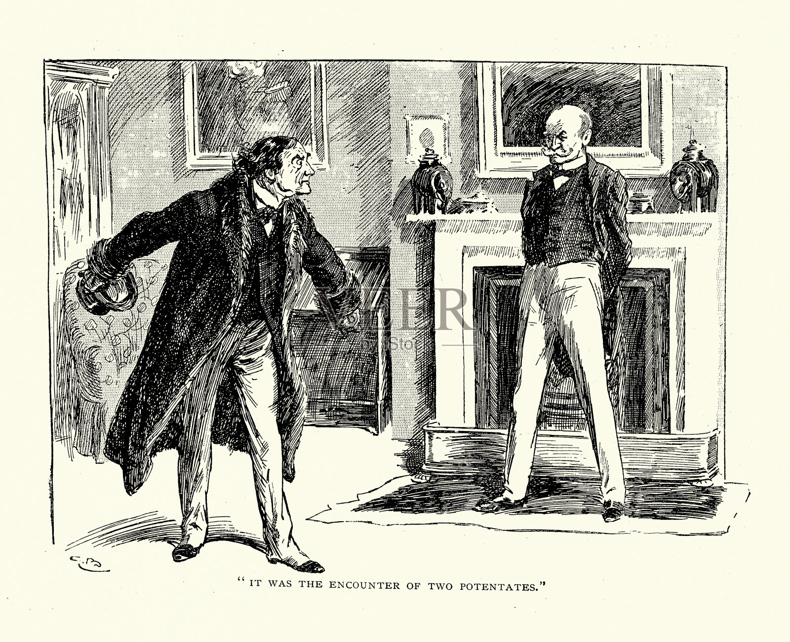 两个成熟男人之间的争论，这是两个当权者的相遇，复古插图，19世纪90年代插画图片素材