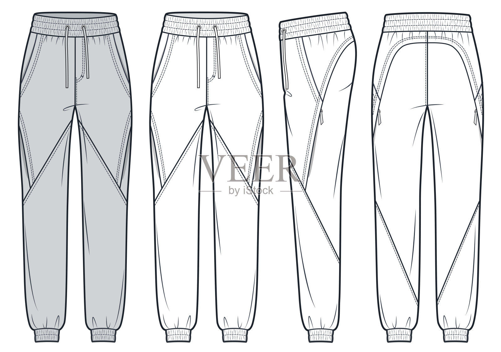 慢跑裤时尚平面技术图纸模板。运动裤技术时尚插图，侧口袋，弹力腰带，前，侧和后视图，白色，灰色，女，男，男女通用运动服装CAD模型集。插画图片素材