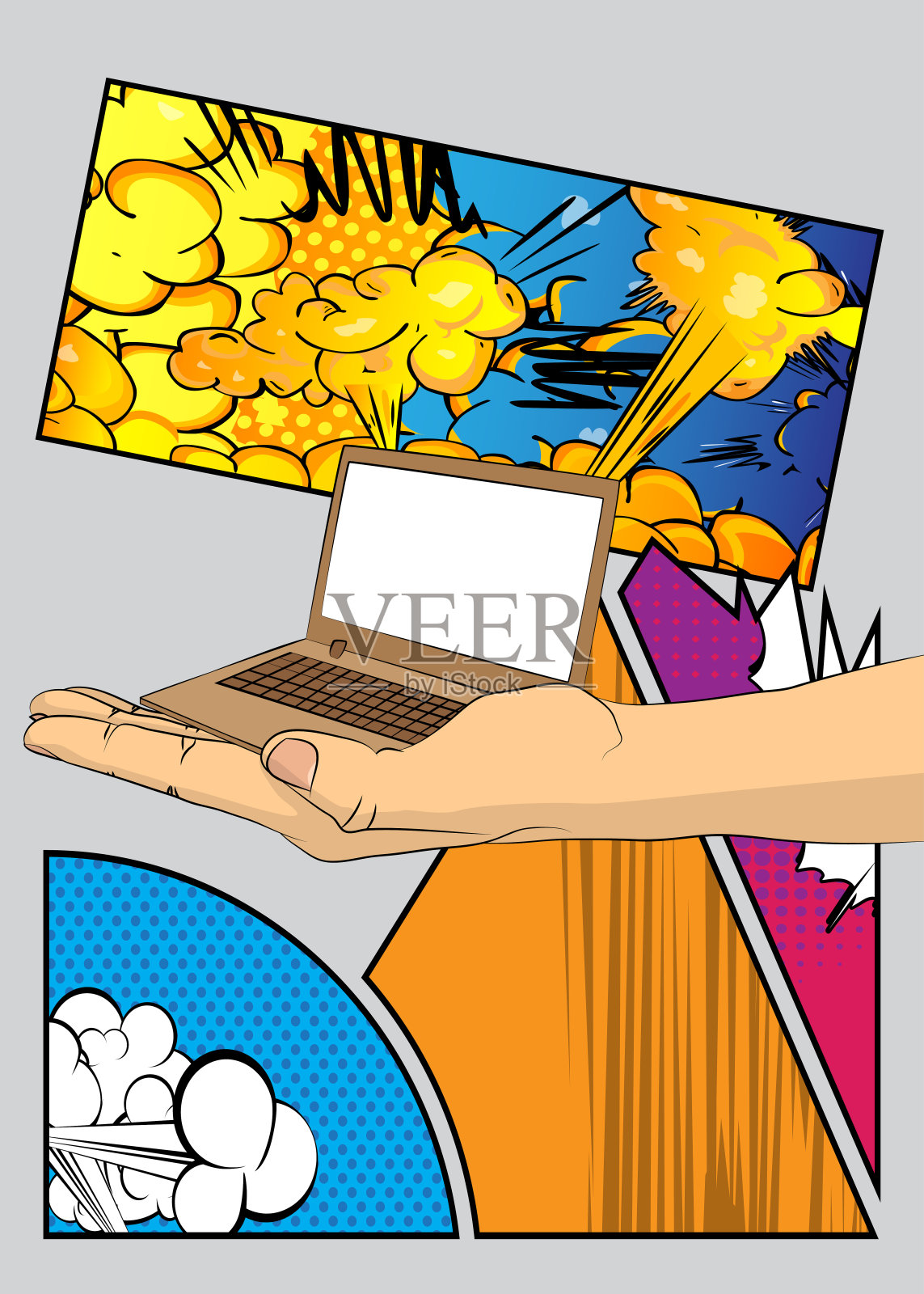 卡通，漫画人的手拿着笔记本电脑。复古矢量漫画波普艺术设计。插画图片素材