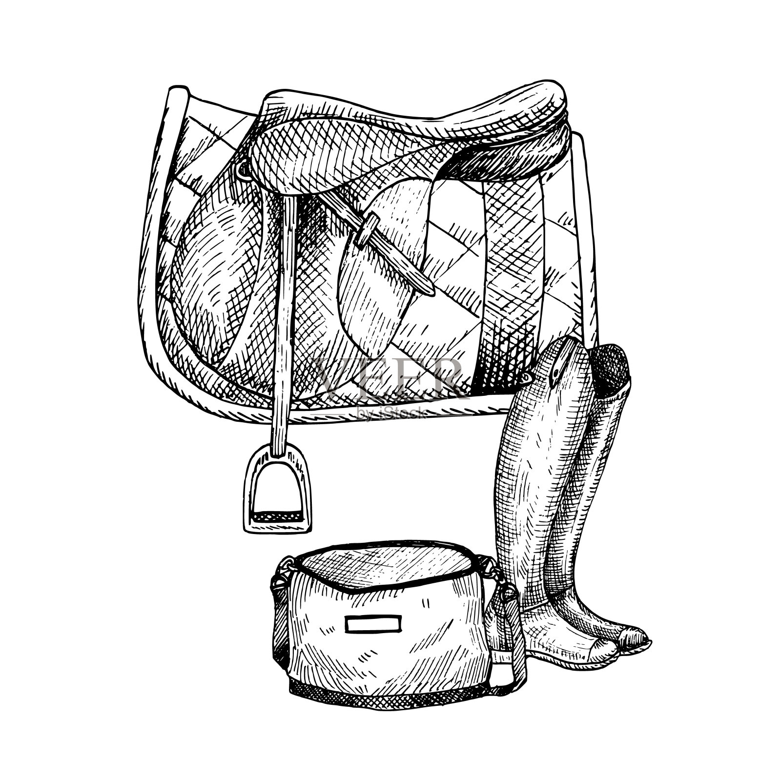 图形矢量说明马鞍在木制的立场。启动,袋子。手绘画。马匹装备，用于马匹运动，骑马插画图片素材