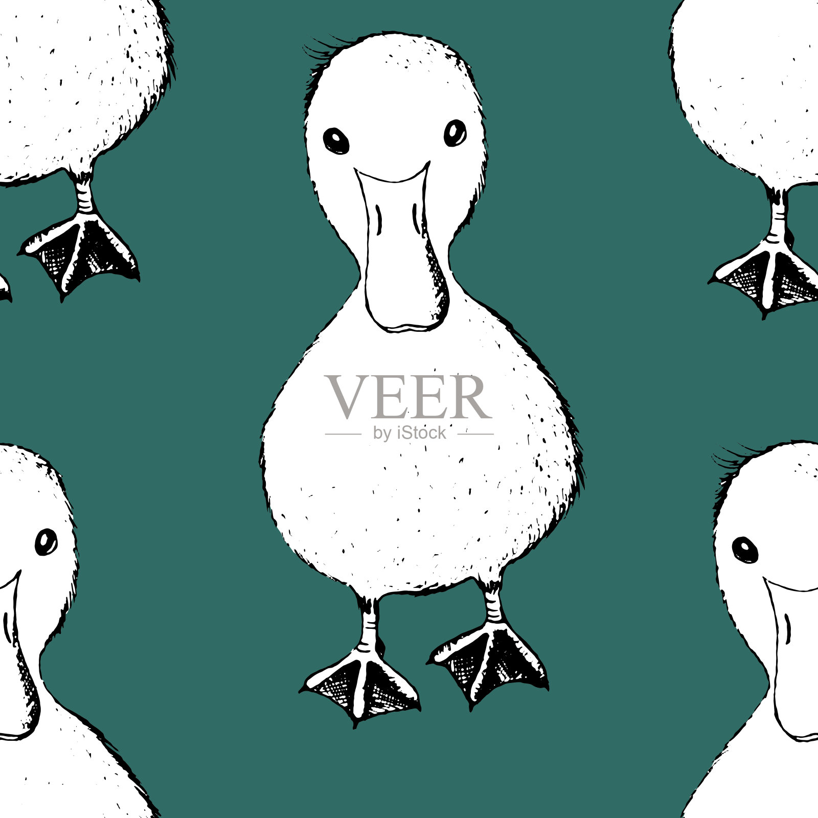 无缝图案与有趣的鸟，花，叶。平面矢量插图与卡通鸟剪影。可爱的鸭子角色。设计邀请，海报，卡片，纺织品，织物插画图片素材