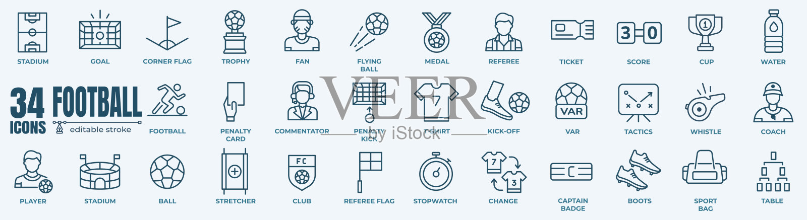 足球和足球线图标收集。可编辑的行插画图片素材