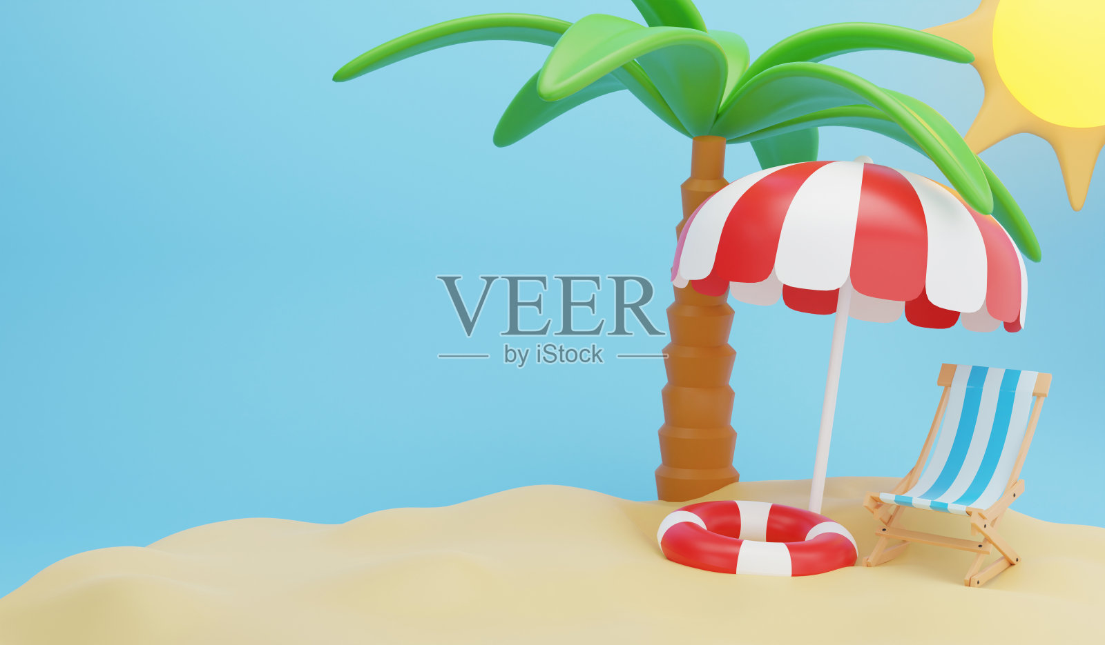 夏天的时候在海滩壁纸，3D渲染夏天和旅行的概念和复制空间在蓝色的背景照片摄影图片
