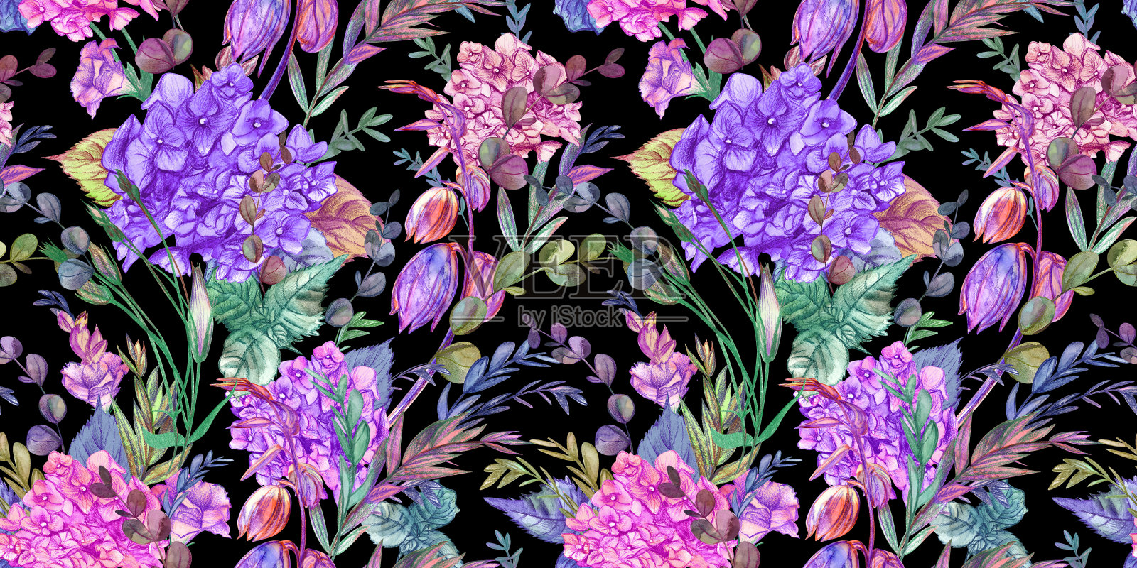 无缝水彩图案画在铅笔与绣球花和夏季植物插画图片素材