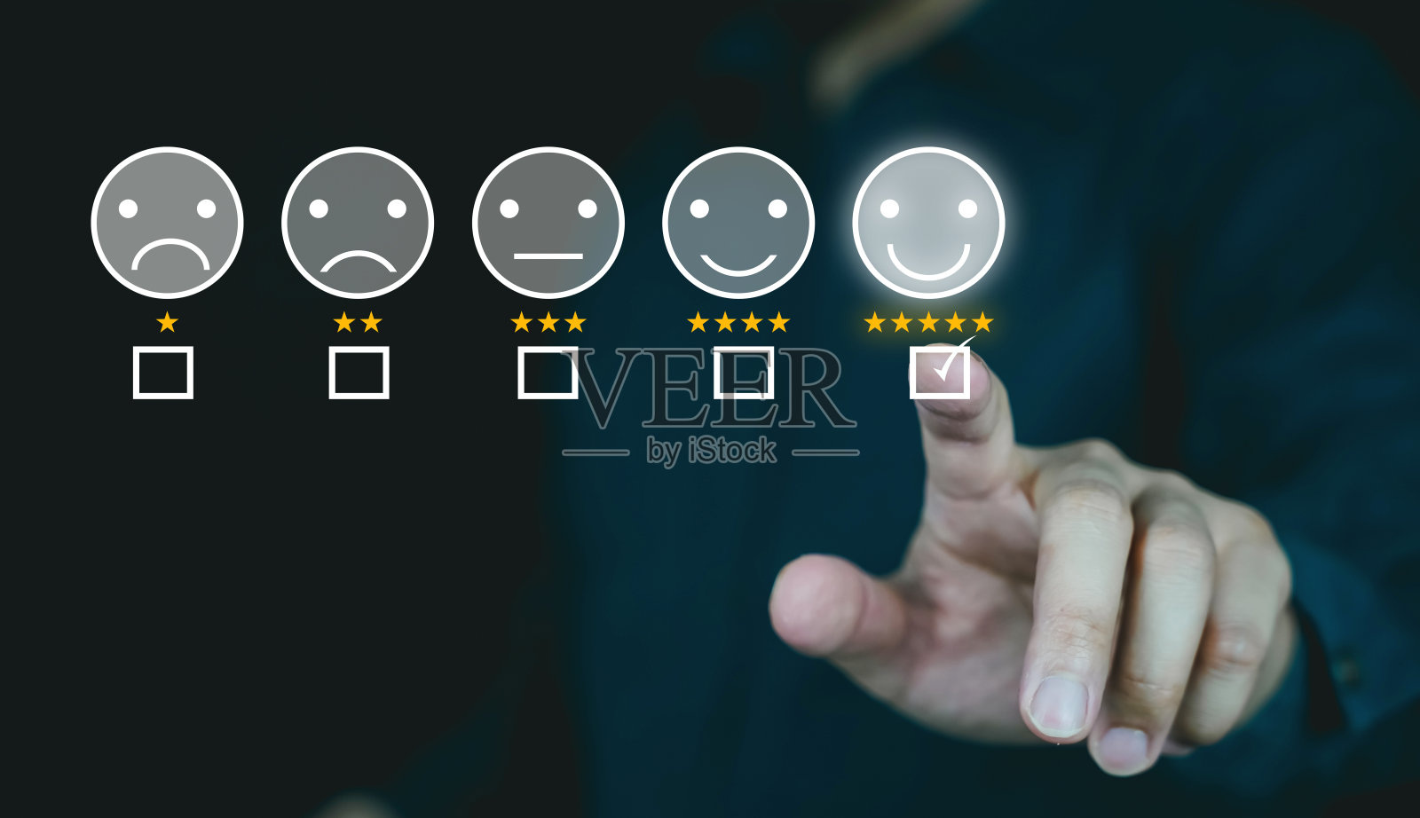 顾客评价良好的评价概念，顾客评价通过触摸微笑的脸反馈，积极的顾客反馈证言。照片摄影图片