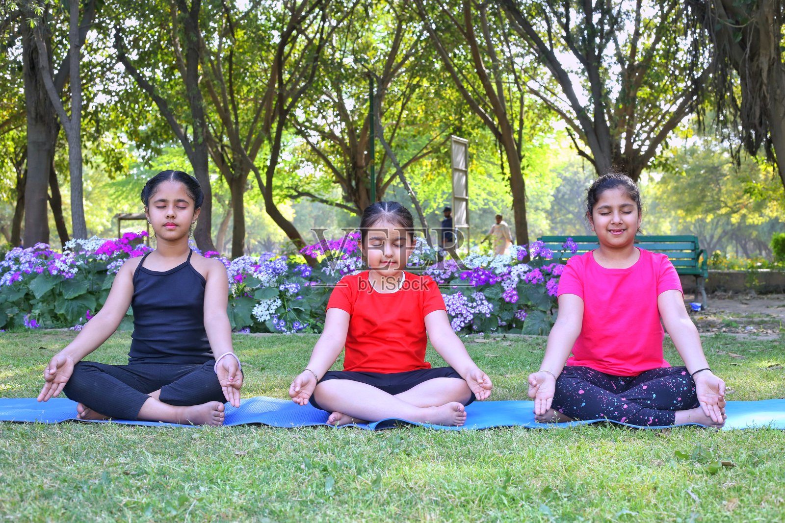 女孩在公园做户外瑜伽照片摄影图片