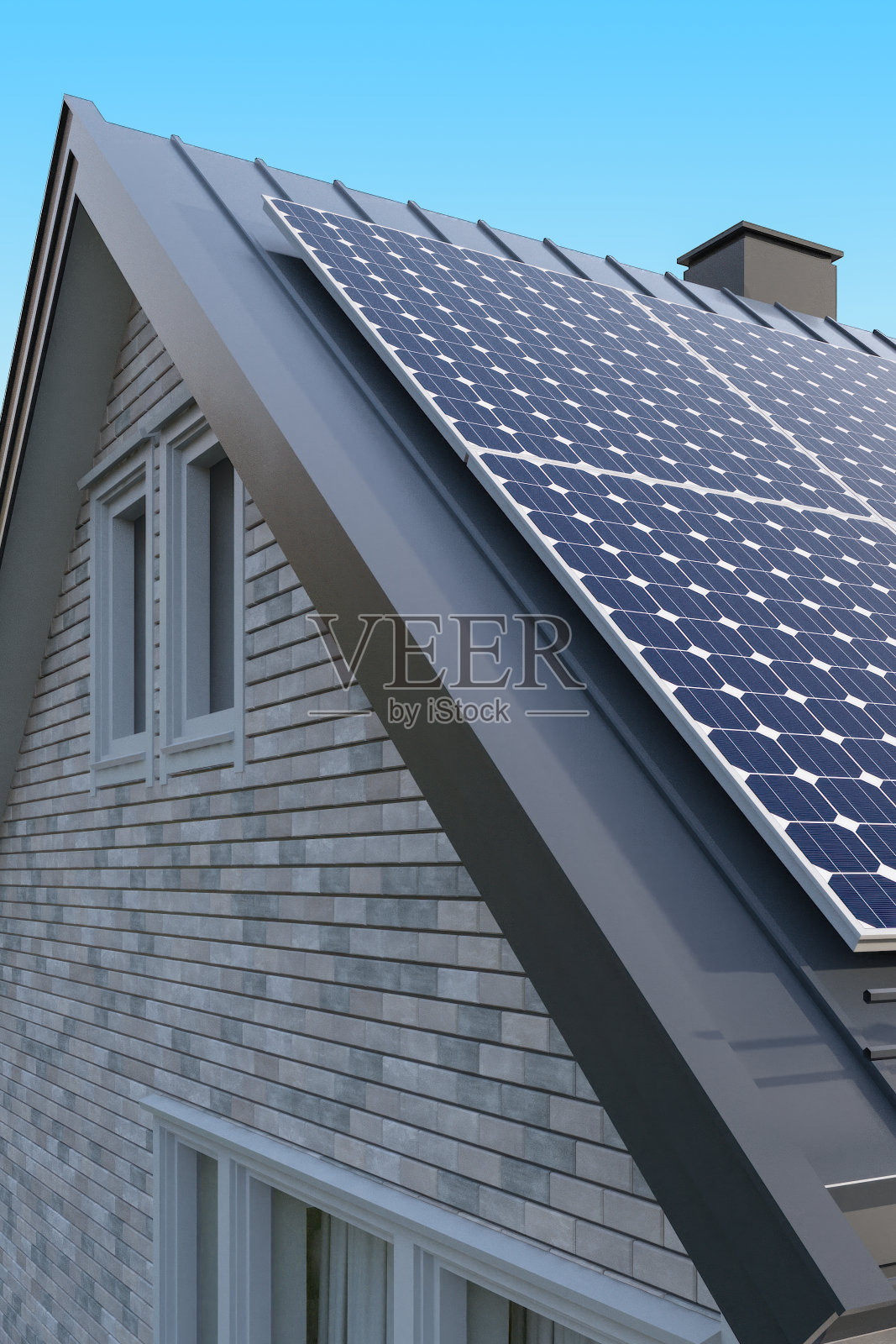 现代白砖房灰色金属屋顶上的太阳能电池板照片摄影图片