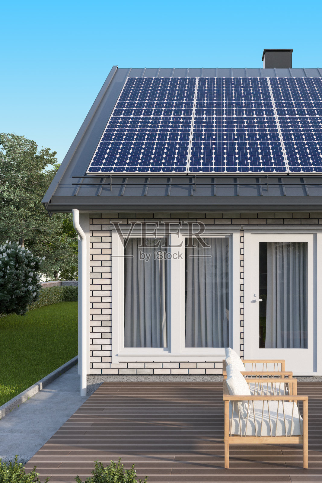 现代白砖房灰色金属屋顶上的太阳能电池板照片摄影图片