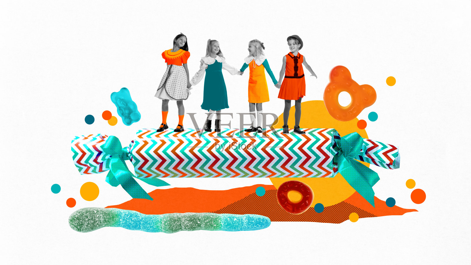 快乐的女孩的单色图像，孩子们站在巨大的糖果在白色背景与彩色元素。当代艺术拼贴。照片摄影图片